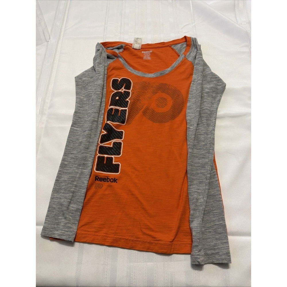 Reebok Philadelphia Flyers Womens Orange Grey Raglan Long Sleeve Shirt Medium